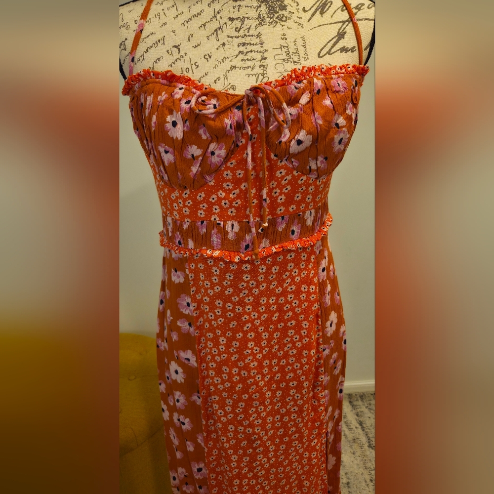 Free People Vibrant Orange Floral Maxi Dress, Size L. - Picture 2 of 15